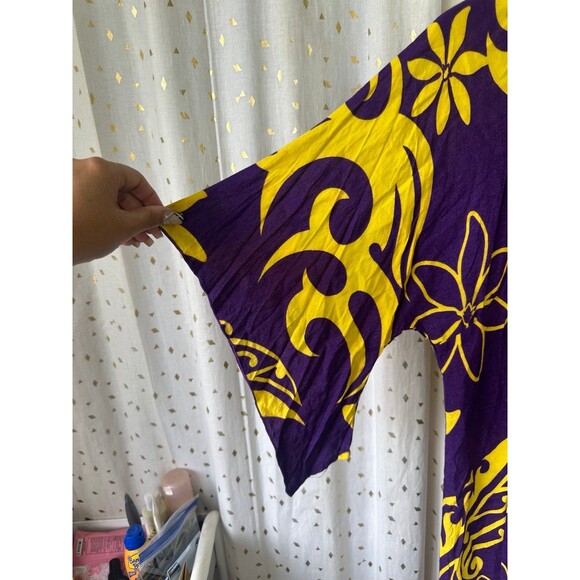 Hula Bay Purple Yellow Hawaiian Floral Tiare Waterfall Bell Sleeves Mini Dress M - Picture 3 of 5